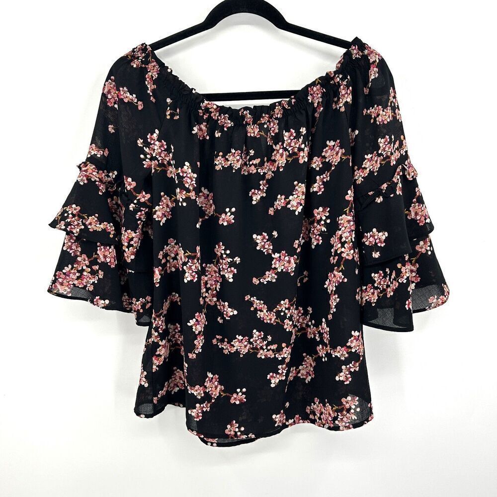 XHILARATION Black Floral Print Off The Shoulder Bell Sleeve Boho Top Size Medium